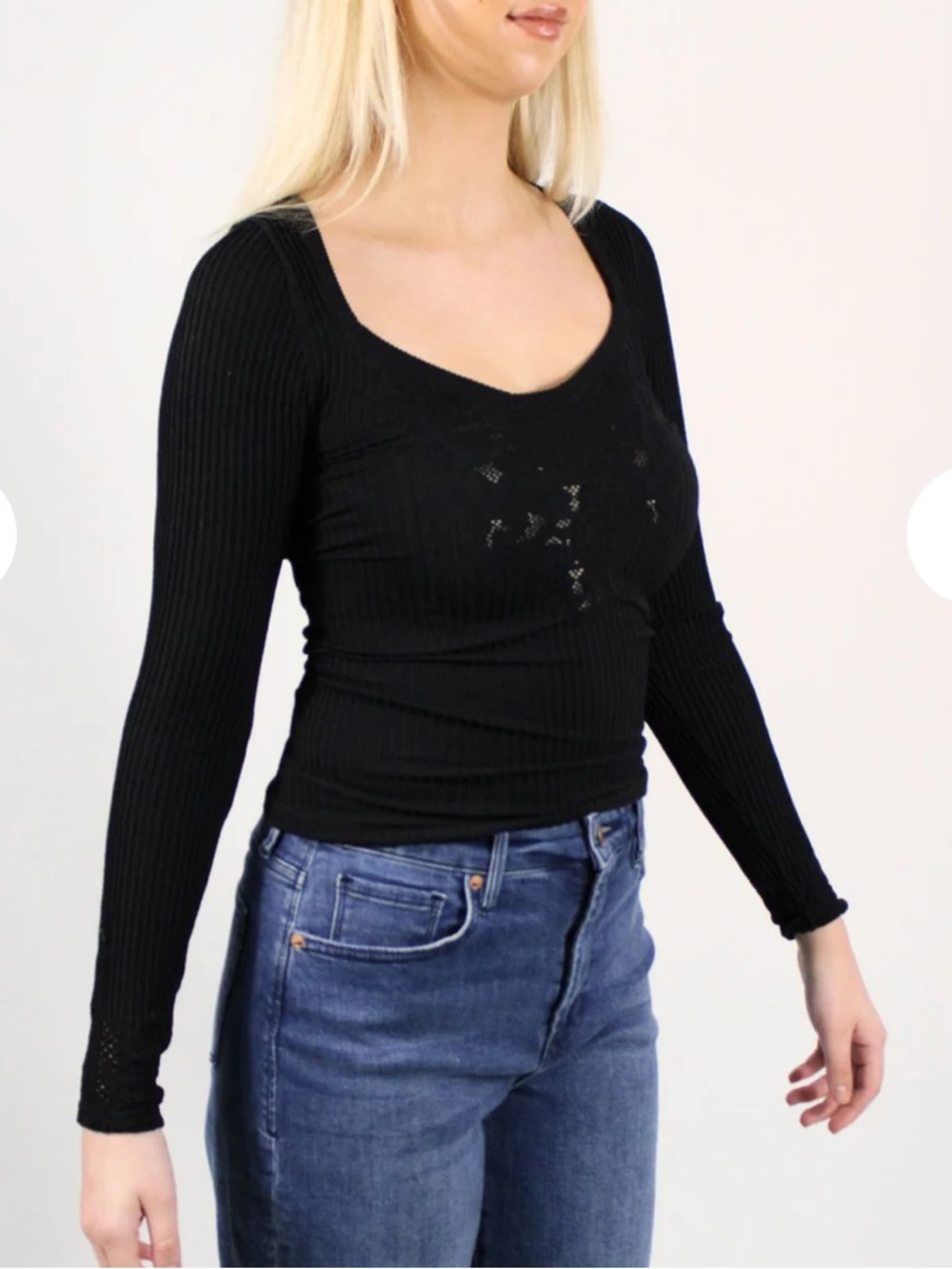 E04. Free People  FP Movement Black Ribbed Long-Sleeve Scoop Neck Top